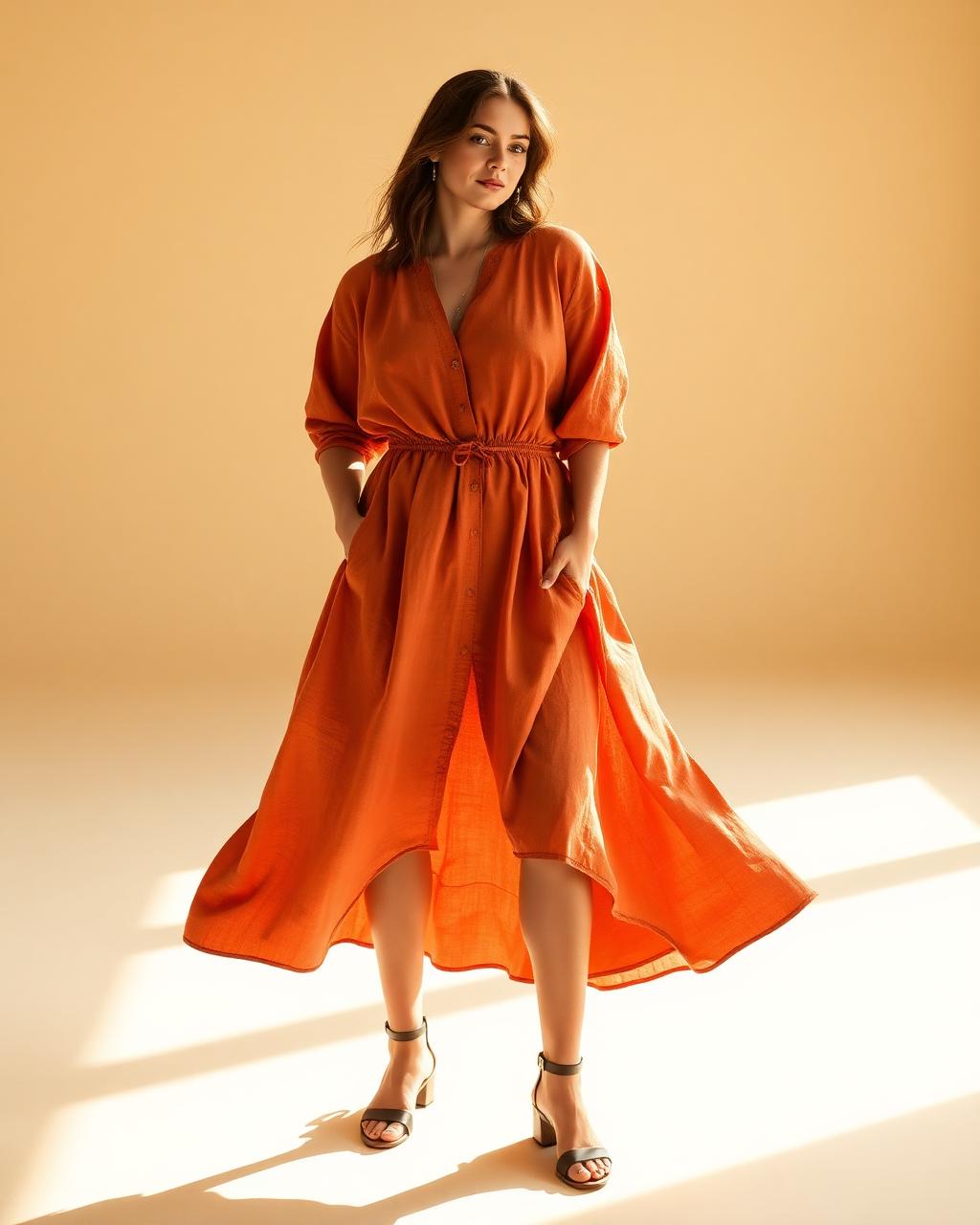 Femme portant une robe en lin terracotta Rovers Land